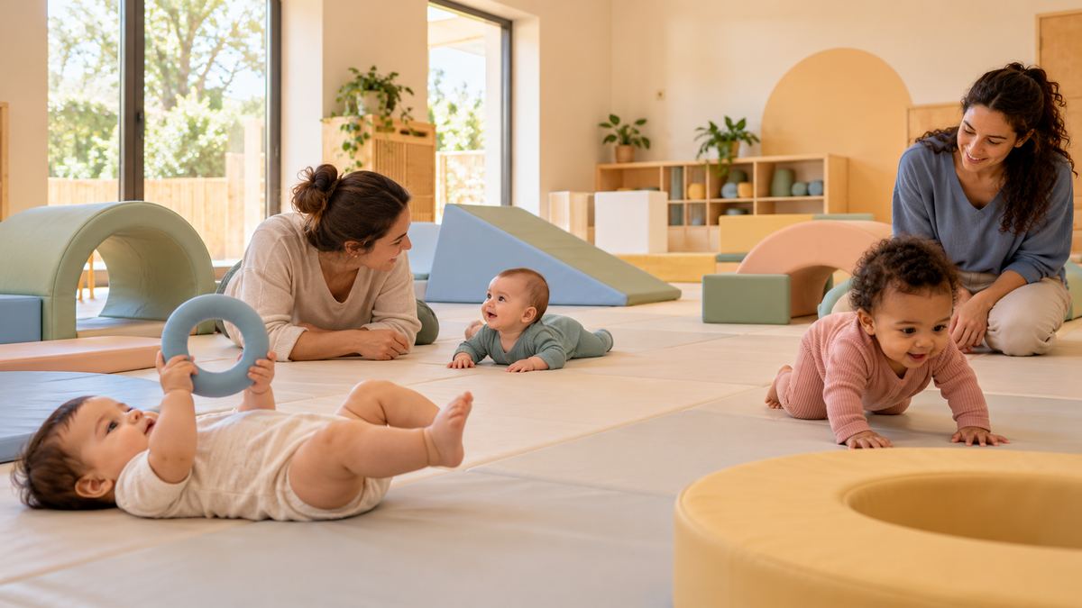 Bebés en el suelo de la sala: uno juega con un aro tumbado y otros observan a su alrededor